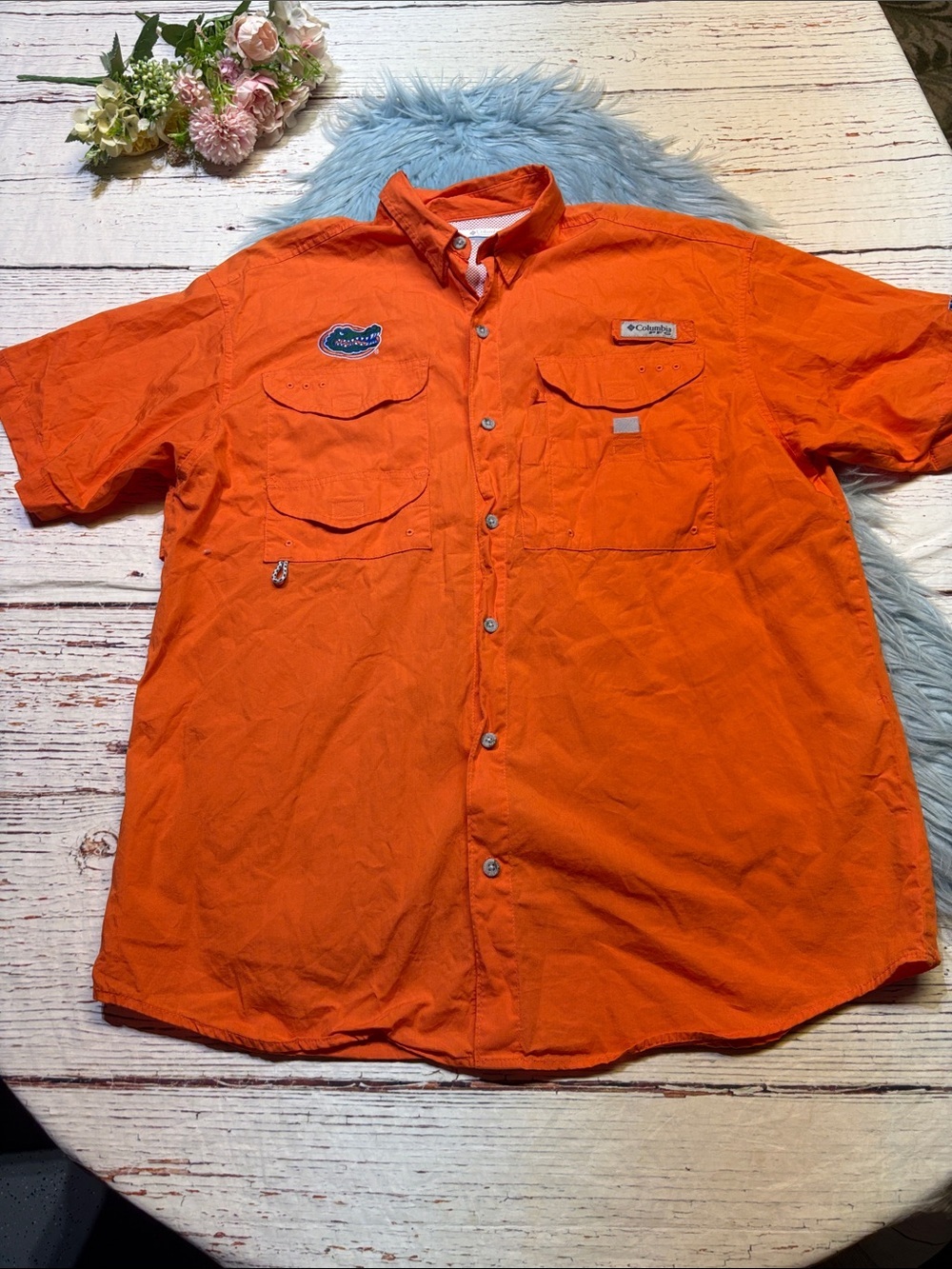 Columbia Florida Gators Orange Short-Sleeve Button-Down Fishing Shirt sz M